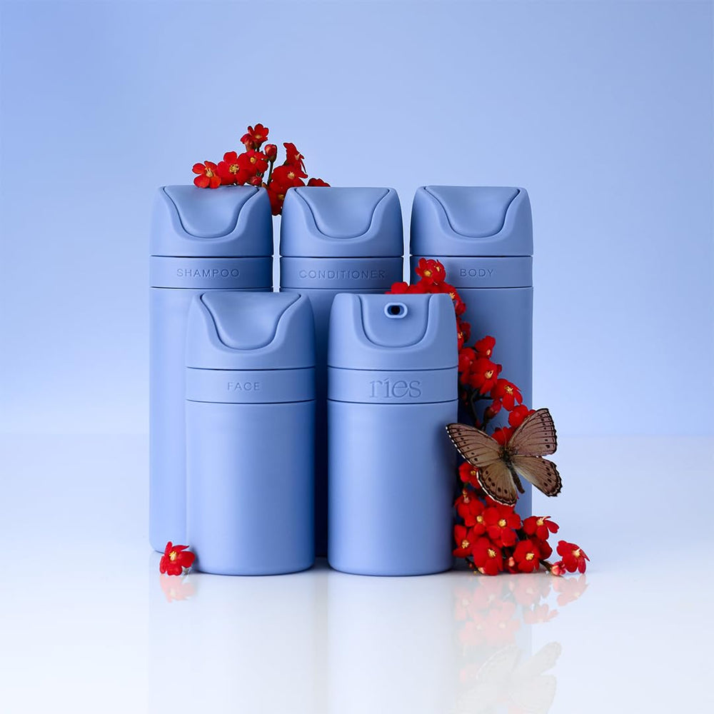 RIES airless-pump blue closeup—leak prevention and formula freshness during travel.