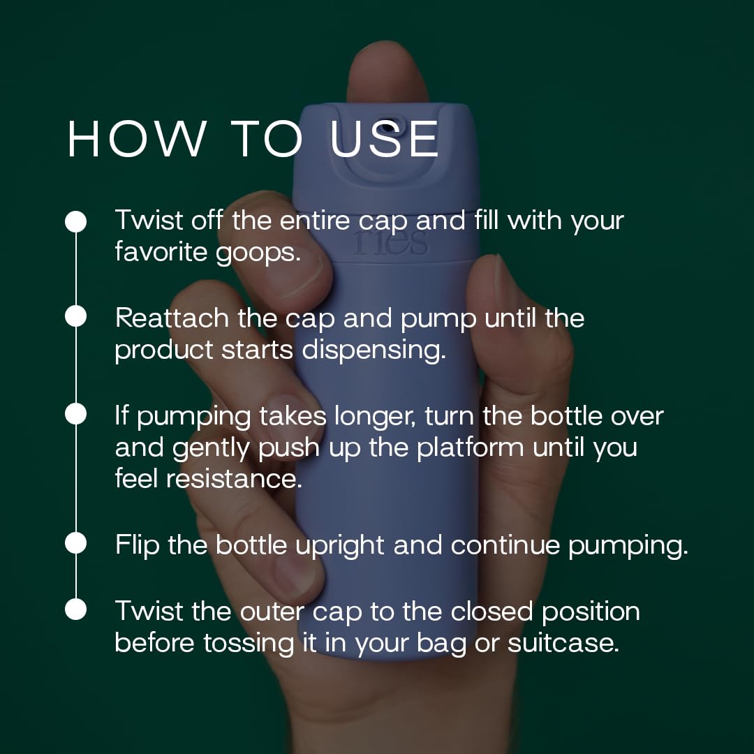 RIES essential bottles 3.4oz body blue—compact body wash for easy packing.