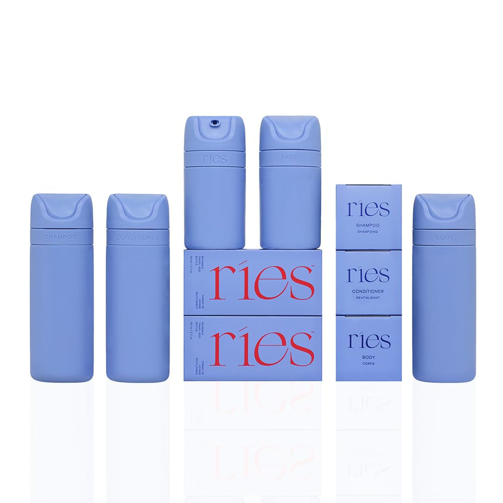 RIES essential bottles 3.4oz shampoo blue—leak-free travel and organized toiletries.