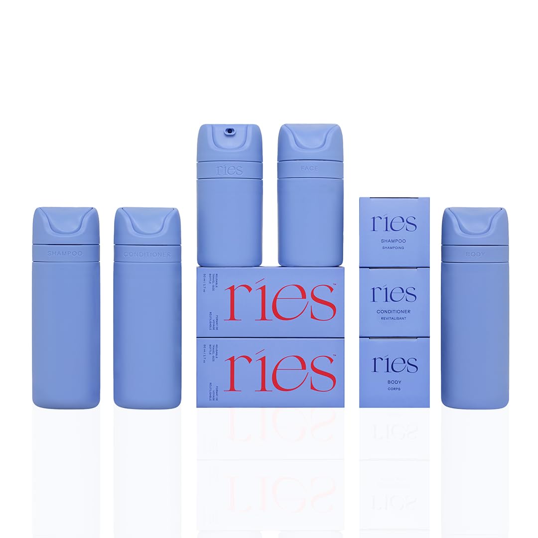 RIES essential bottles 3.4oz shampoo blue—leak-free travel and organized toiletries.