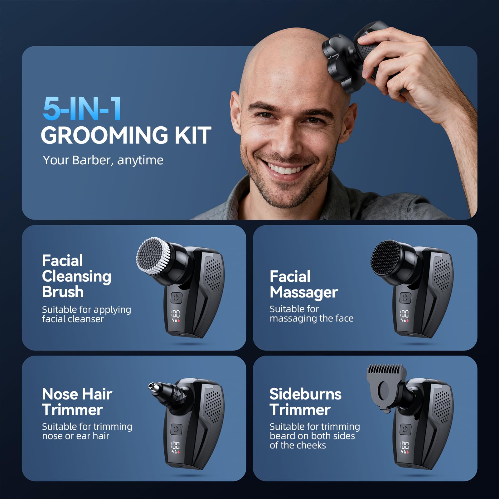 RieZanthic head shaver with LED display showing battery level for planned grooming.