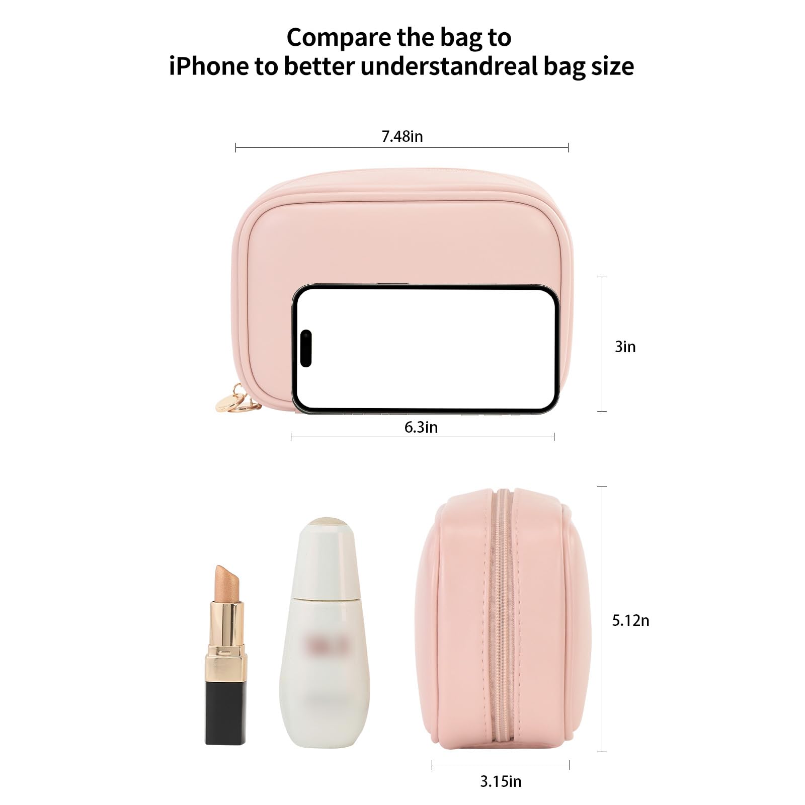 RIGHT AWAY pink makeup bag waterproof PU leather for easy cleaning.