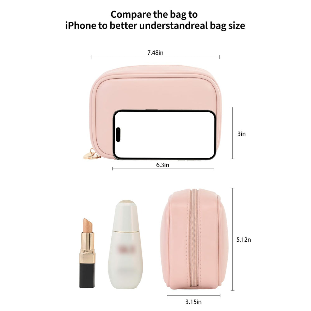 RIGHT AWAY pink makeup bag waterproof PU leather for easy cleaning.