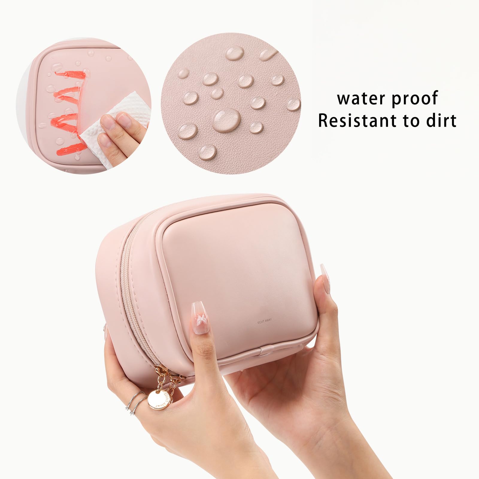 RIGHT AWAY raised edges makeup bag prevent spills during grab.