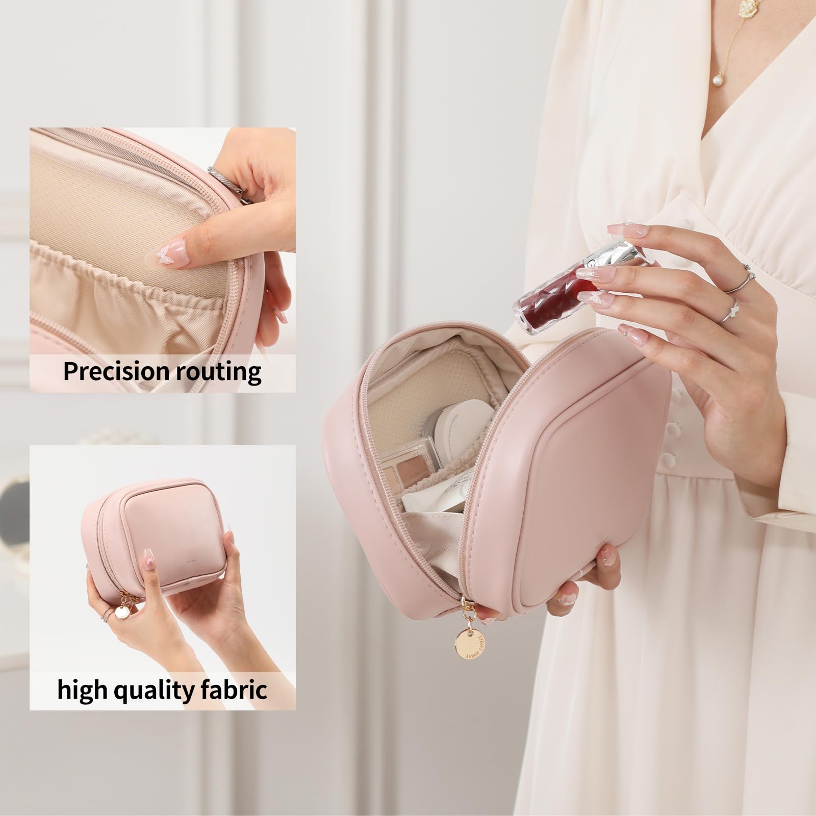 RIGHT AWAY makeup bag with inner pockets for organized cosmetics.