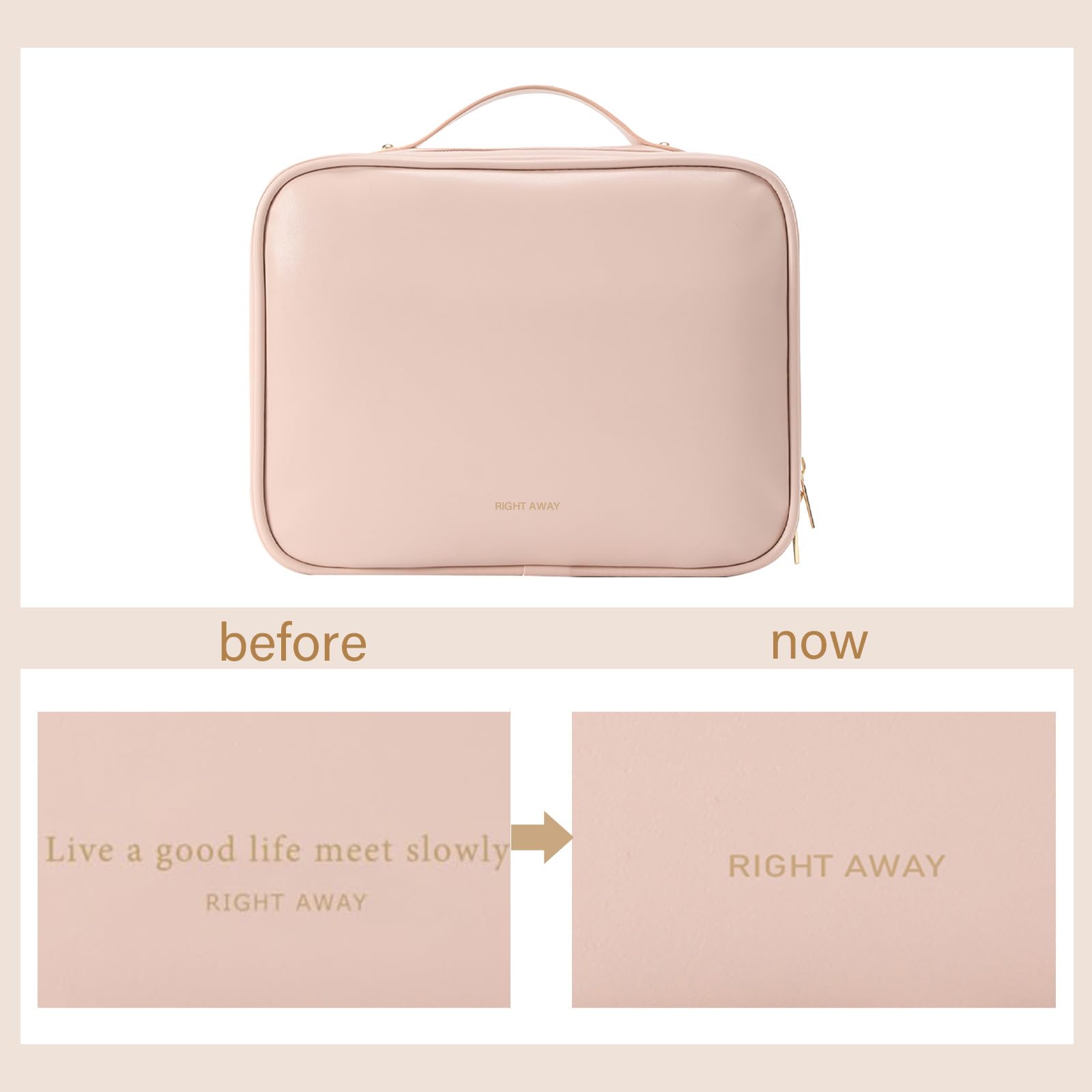 Right Away travel toiletry bag pink open compartments — quick access and organized cosmetics.