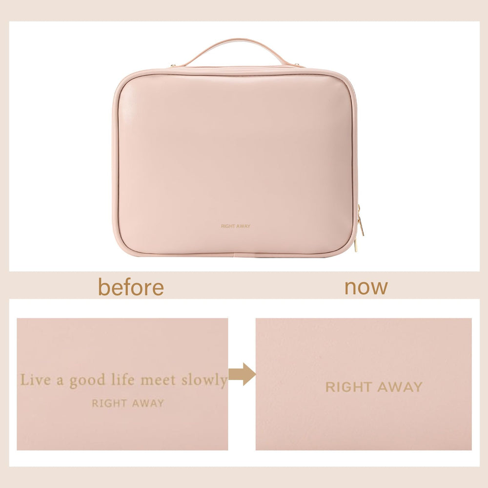 Right Away travel toiletry bag pink open compartments — quick access and organized cosmetics.