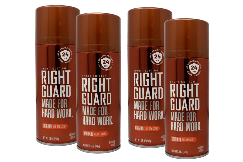 Right Guard Original spray underarm application for all-day odor protection.