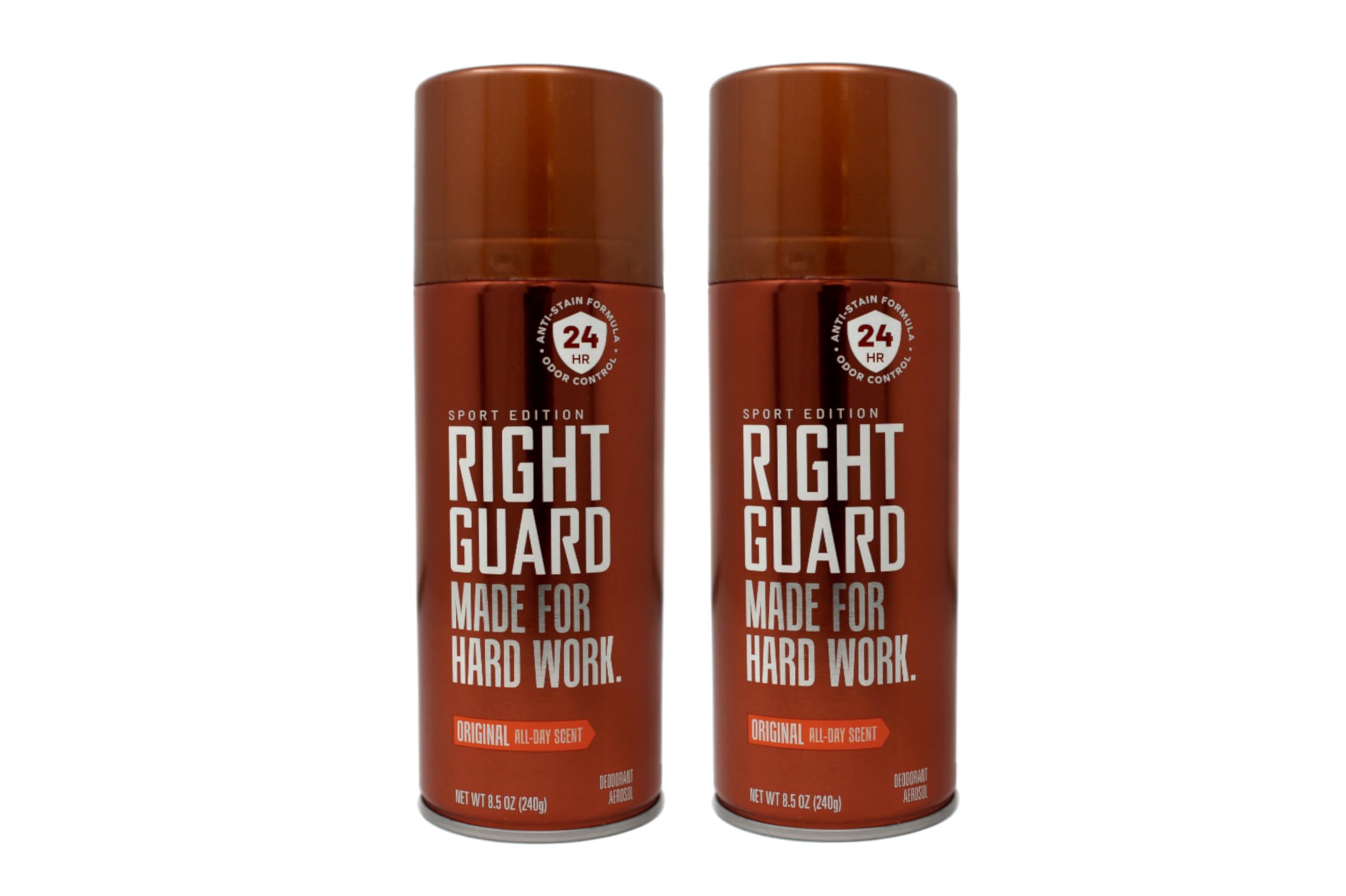 Right Guard Sport Deodorant aerosol pack of 2 bottles shown in closeup for lasting freshness.