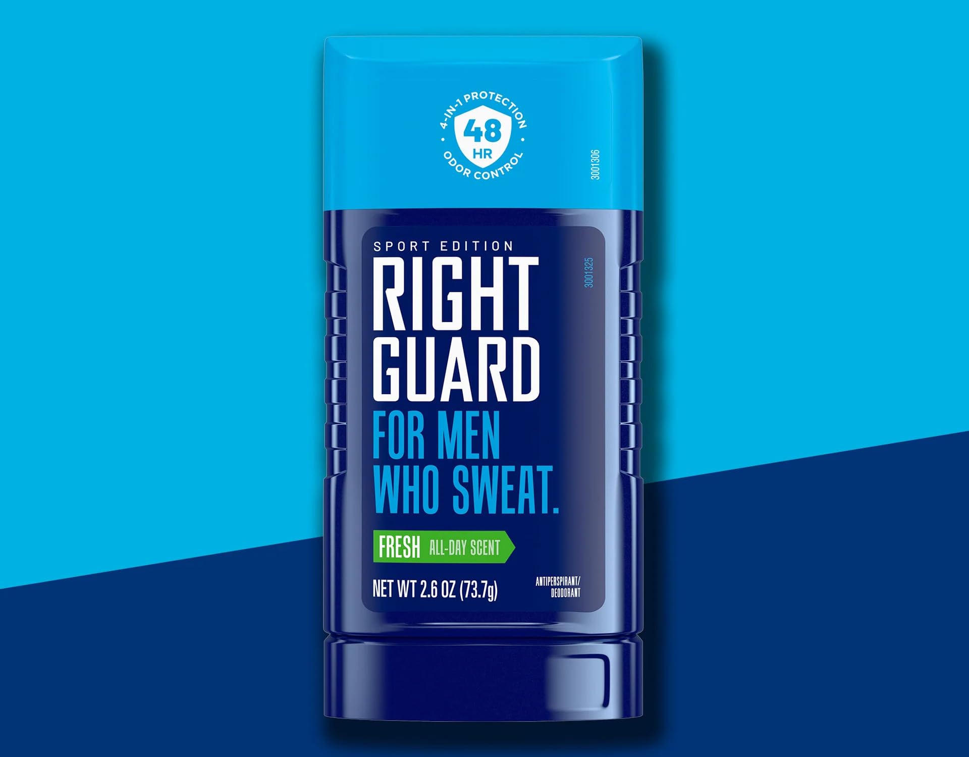 Right Guard Sport Fresh Invisible Solid four-pack side view shows portable, long-lasting protection.