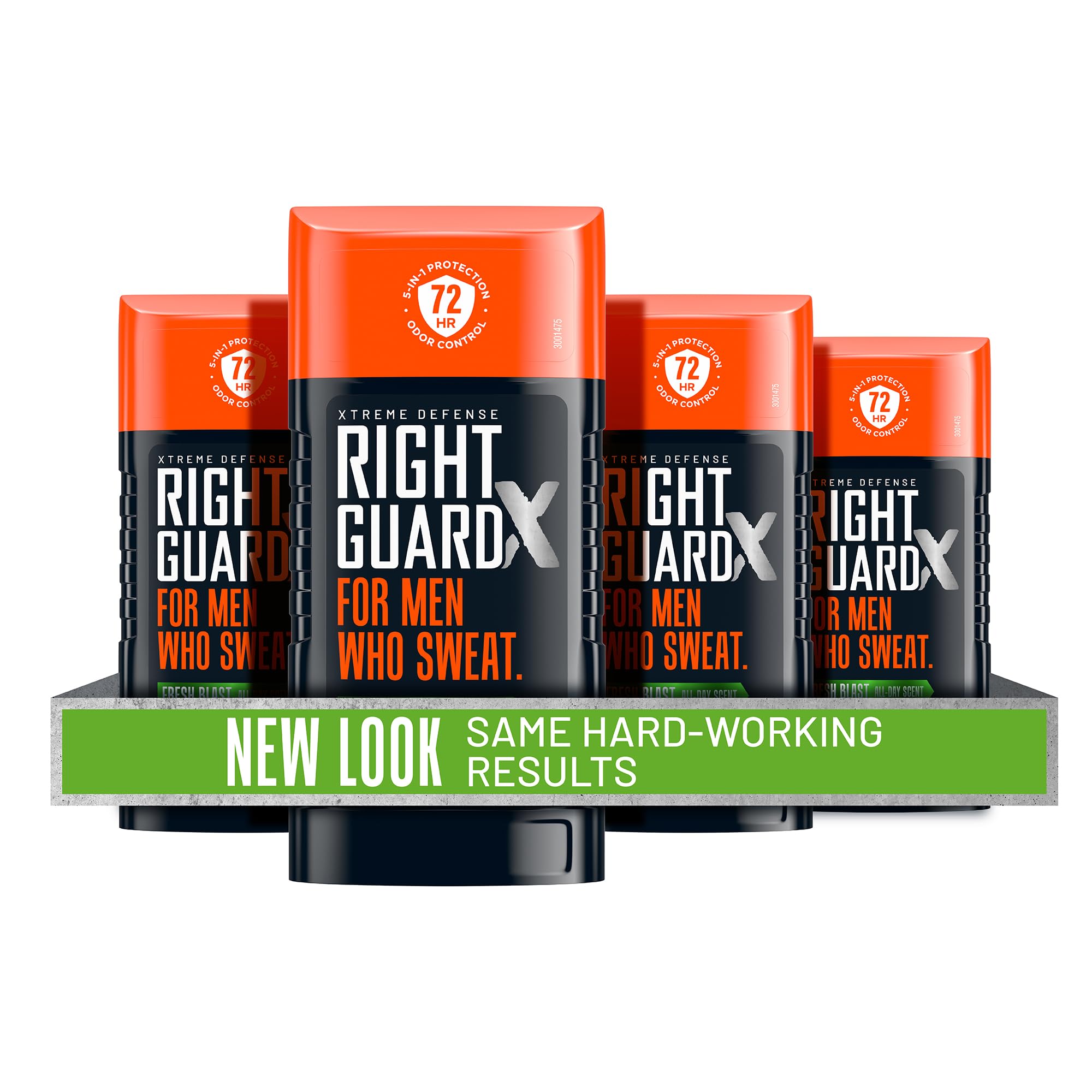 Right Guard Xtreme Defense Invisible Solid Fresh Blast stick shows all-day freshness.