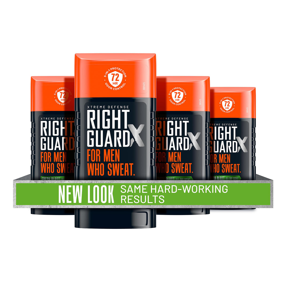 Right Guard Xtreme Defense Invisible Solid Fresh Blast stick shows all-day freshness.