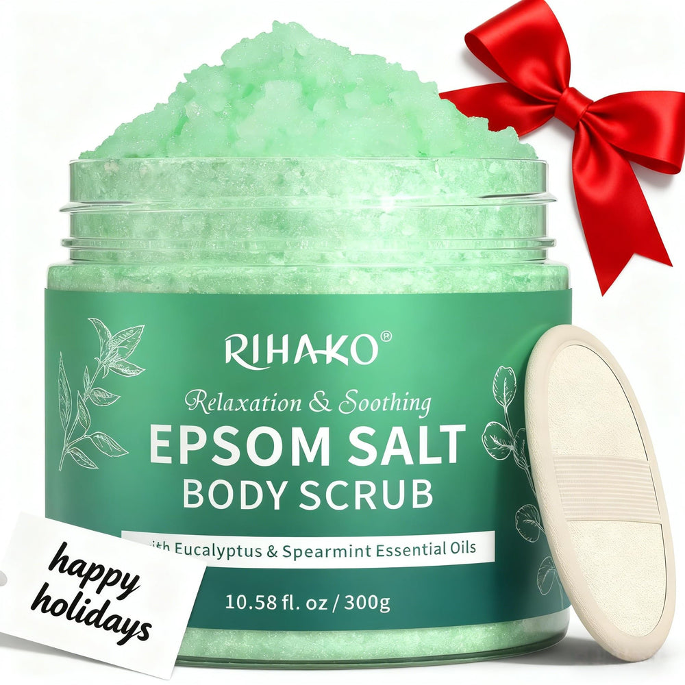 RIHAKO Eucalyptus Epsom Salt Scrub bottle for at-home exfoliation and skin renewal.