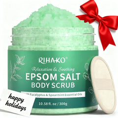 RIHAKO Eucalyptus Epsom Salt Scrub bottle for at-home exfoliation and skin renewal.