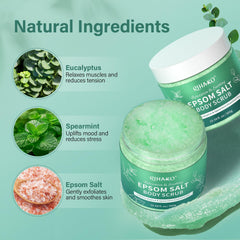 RIHAKO Eucalyptus Epsom Salt Scrub jar open reveals creamy scrub with essential oils.