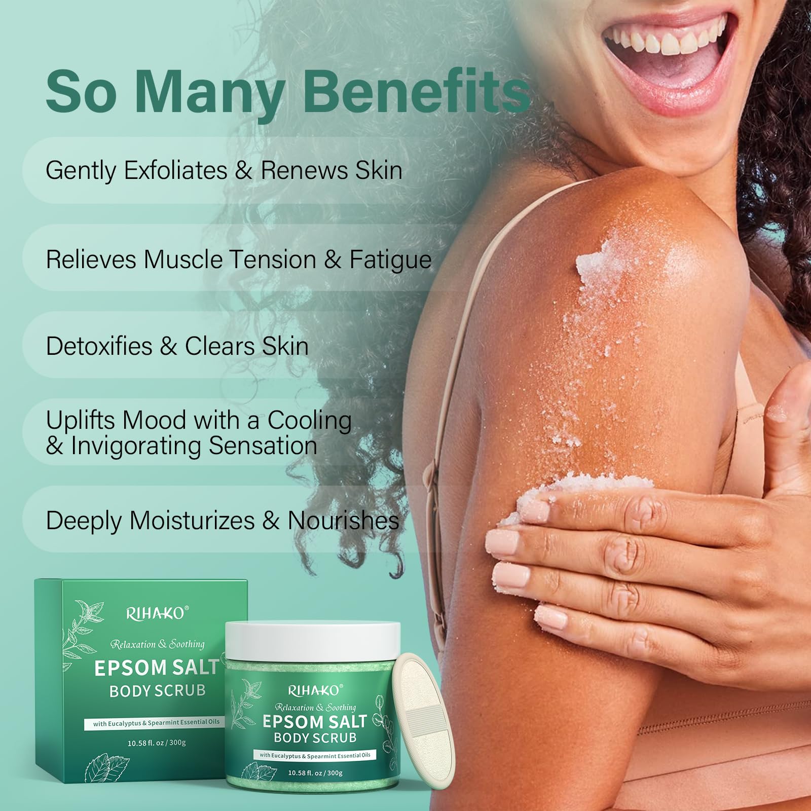 RIHAKO Eucalyptus Epsom Salt Scrub texture close-up shows grainy exfoliation for smoother skin.