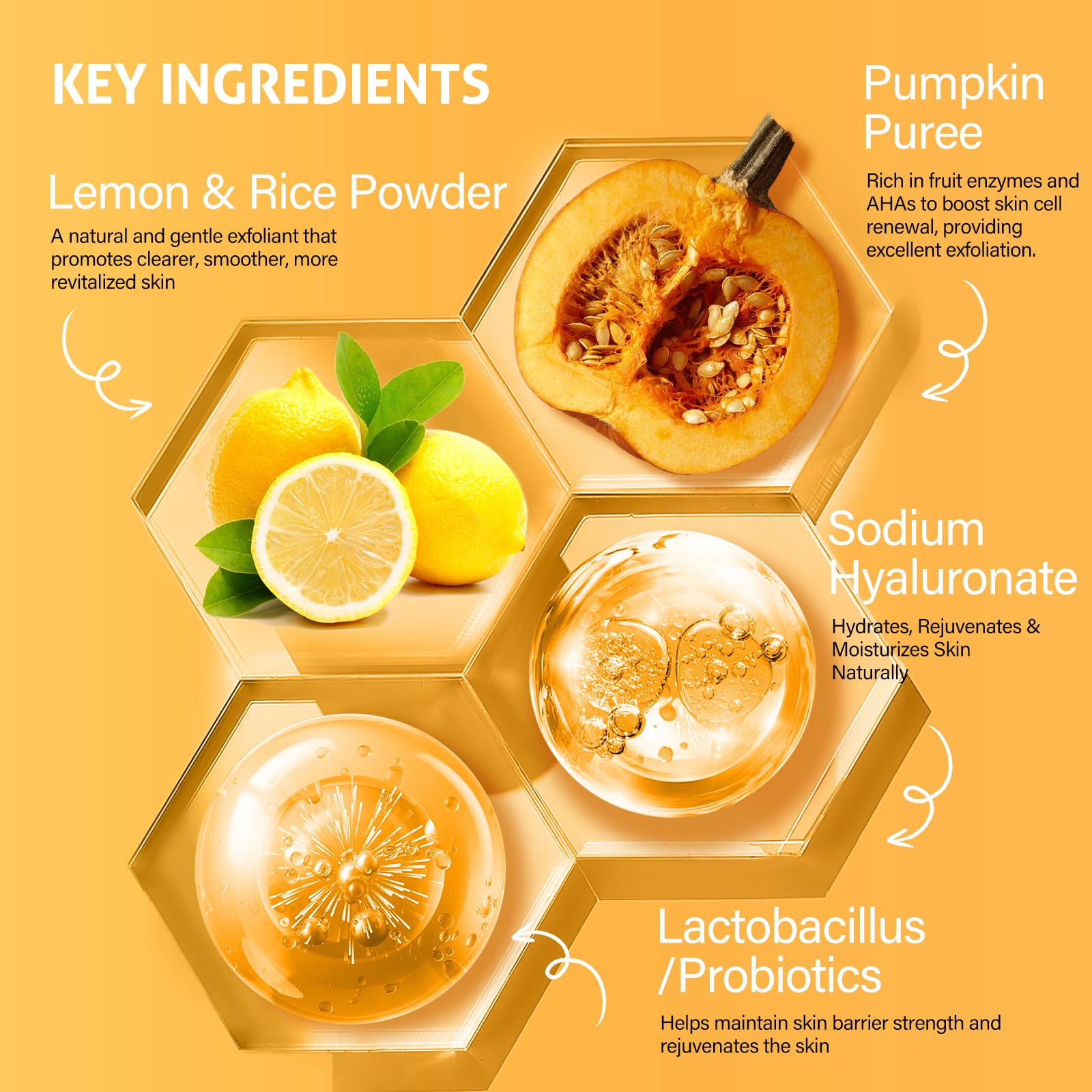RIHAKO Pumpkin Enzyme Mask ingredients close-up, emphasizing AHAs and fruit enzymes