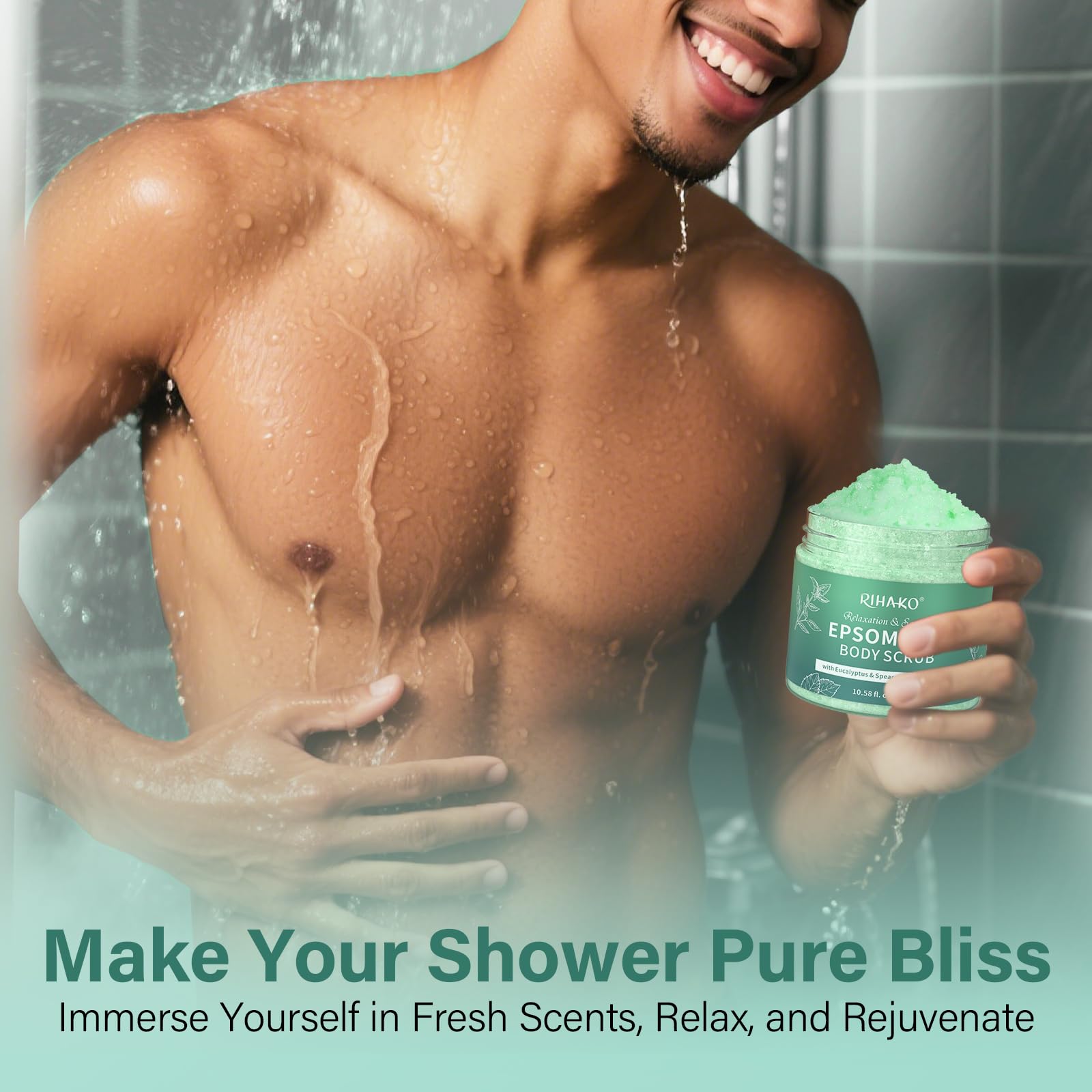 RIHAKO Spa-style shower scene with scrub, towels, and candle encourages post-workout refresh.