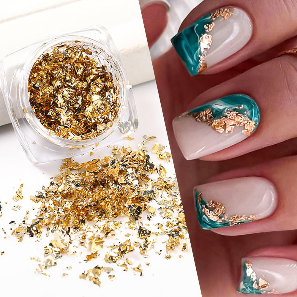 RIICFDD gold foil nail art packaging with dual bottles for versatile sparkle