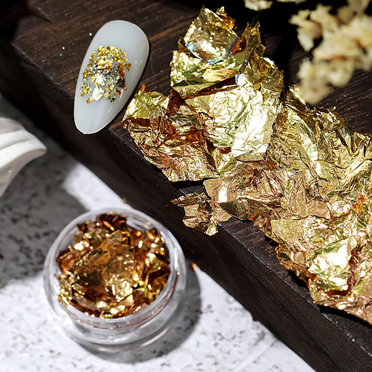 RIICFDD gold foil nail flakes bottles displaying complete flakes for sleek nails