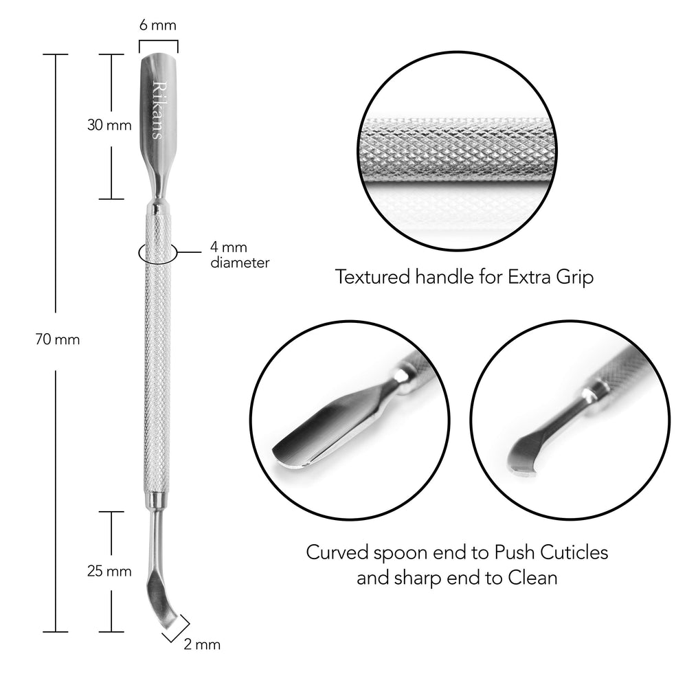 Rikans Cuticle Pusher dos en uno, curva y borde para manicura y pedicura.