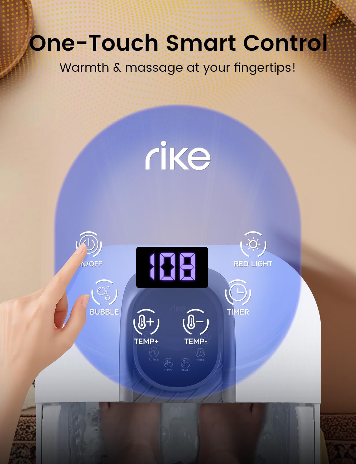 RIKE foot spa heat-control panel shown for precise temperature