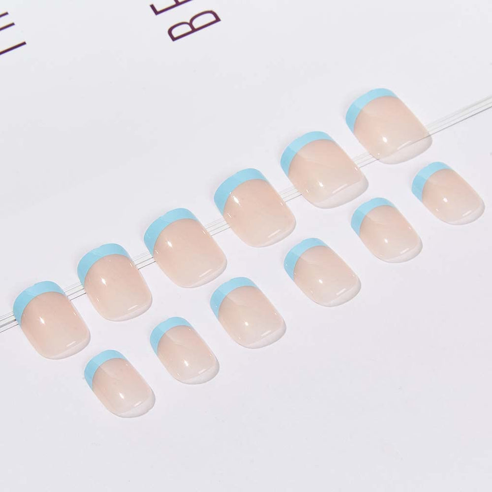 RikView oval full-cover blue design nails for durable, glossy wear.
