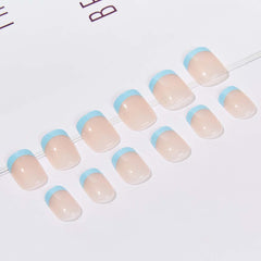 RikView oval full-cover blue design nails for durable, glossy wear.