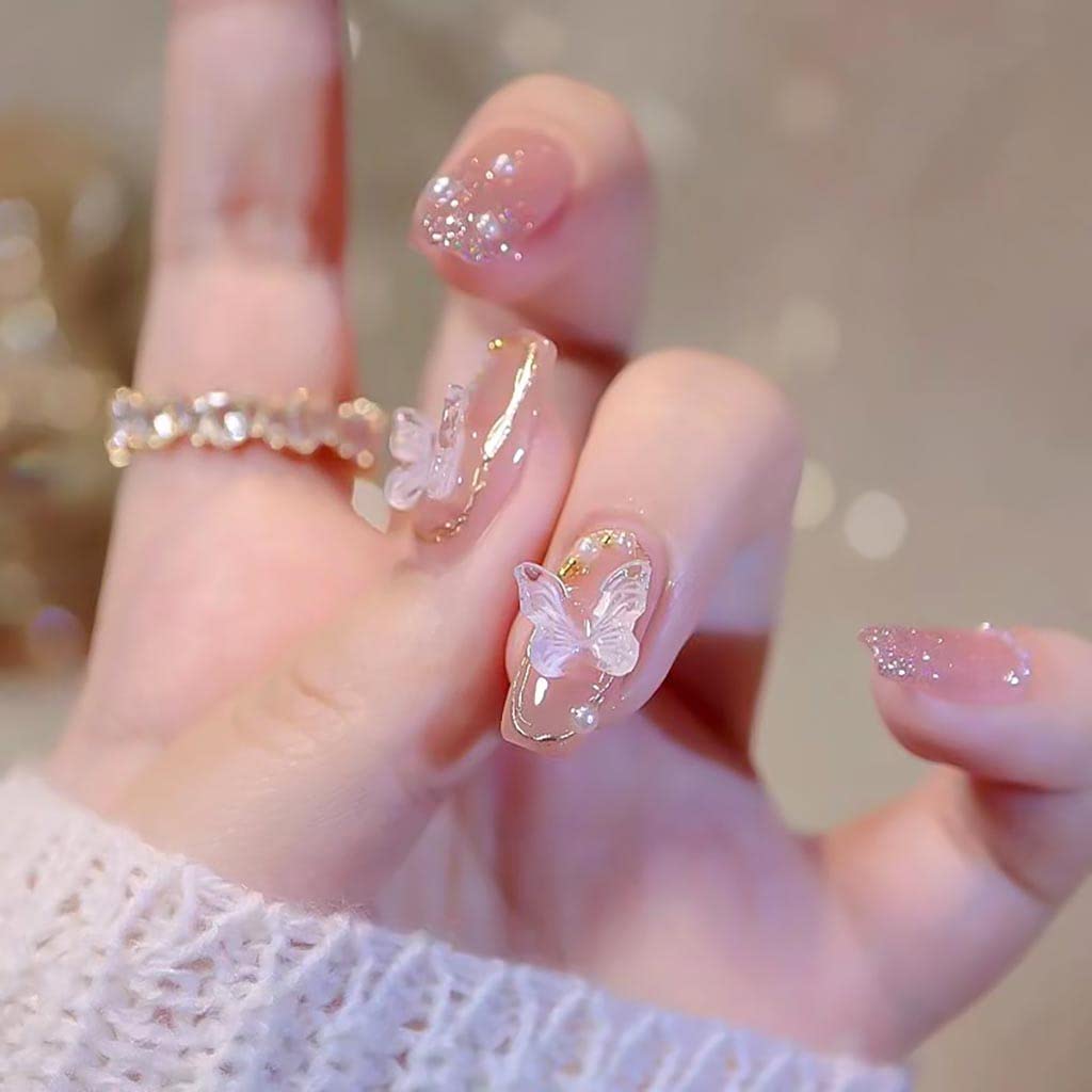 RikView Pink Press On Nails with 3D butterflies for a glossy coffin look