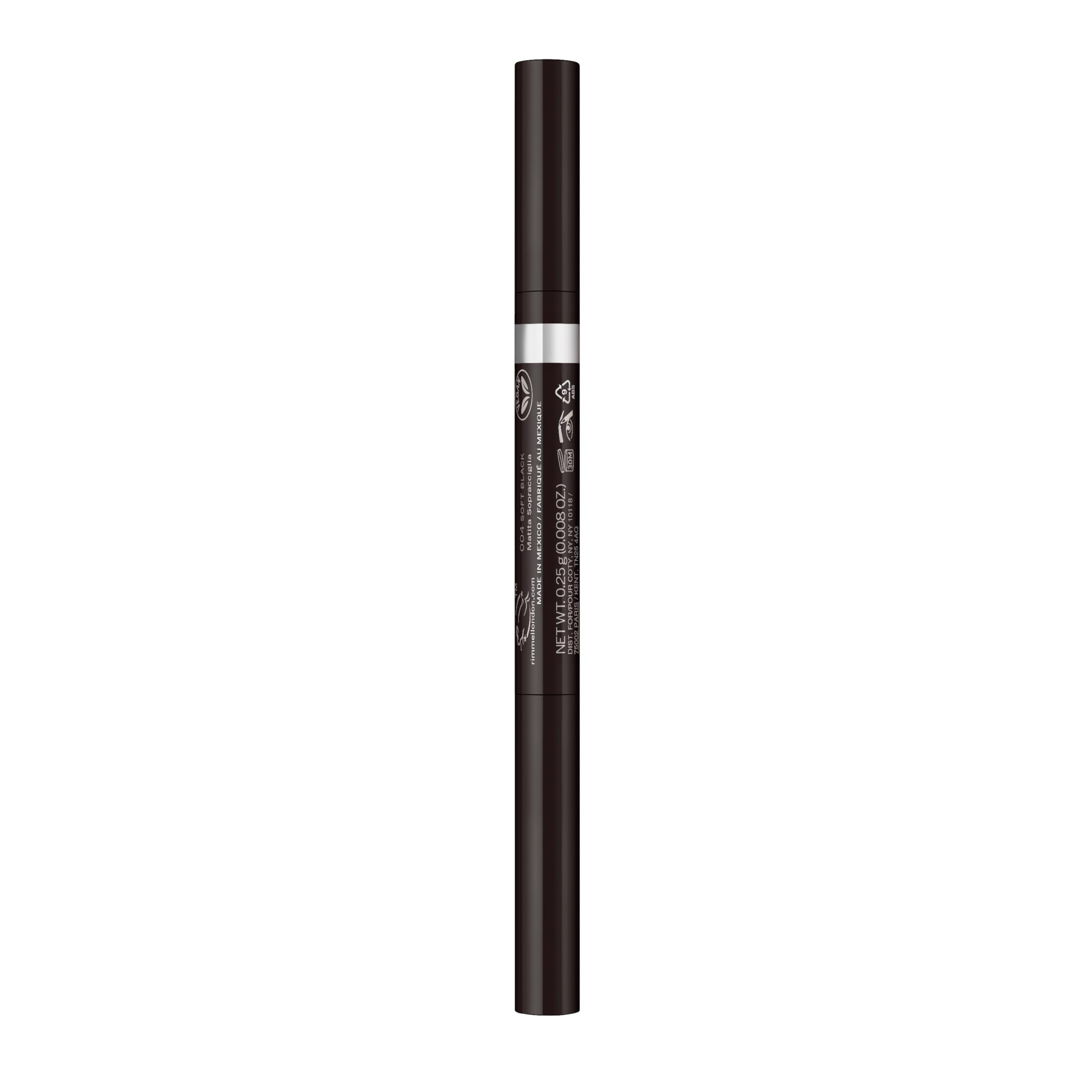 Rimmel Brow This Way Soft Black swatch on skin for natural brow depth.