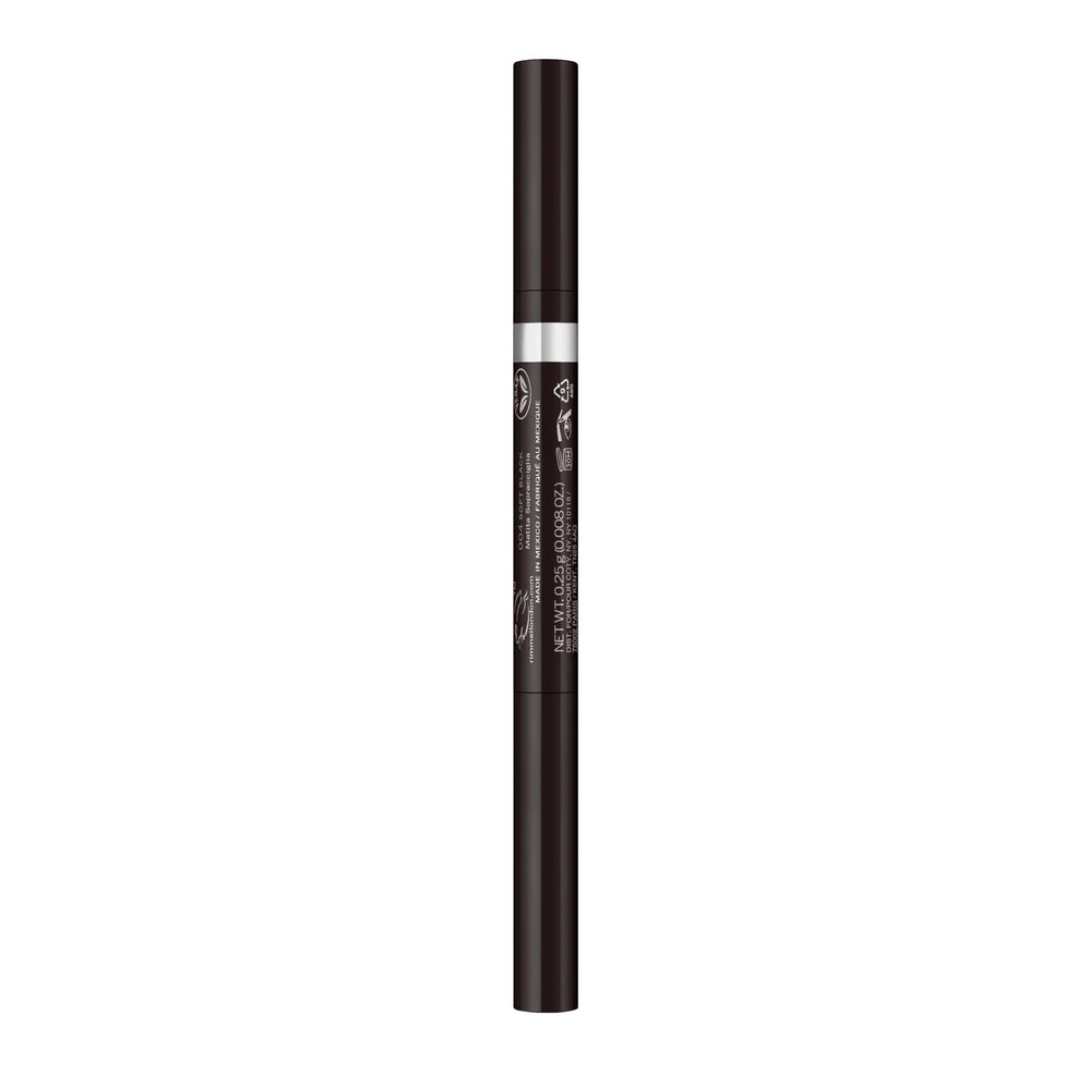 Rimmel Brow This Way Soft Black swatch on skin for natural brow depth.
