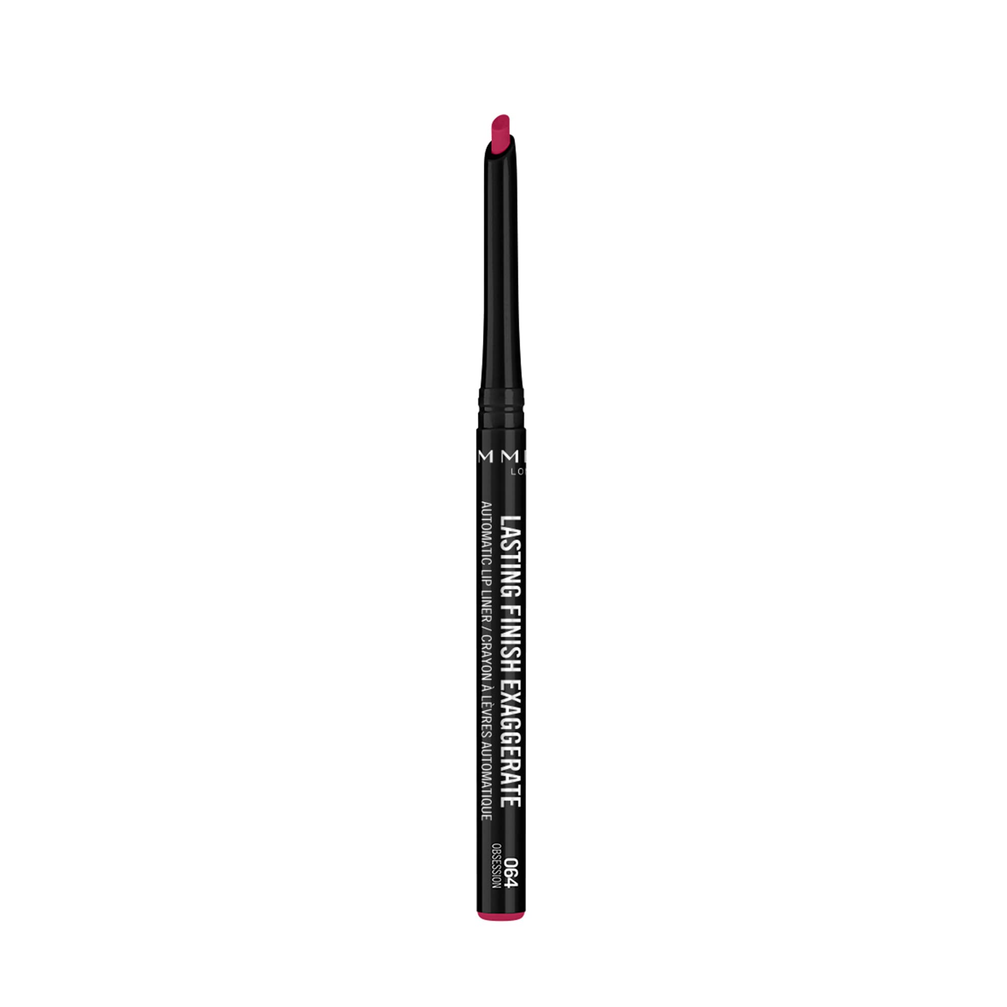 Rimmel Exaggerate Obsession lip liner with precision slanted tip for defined, long-lasting color.