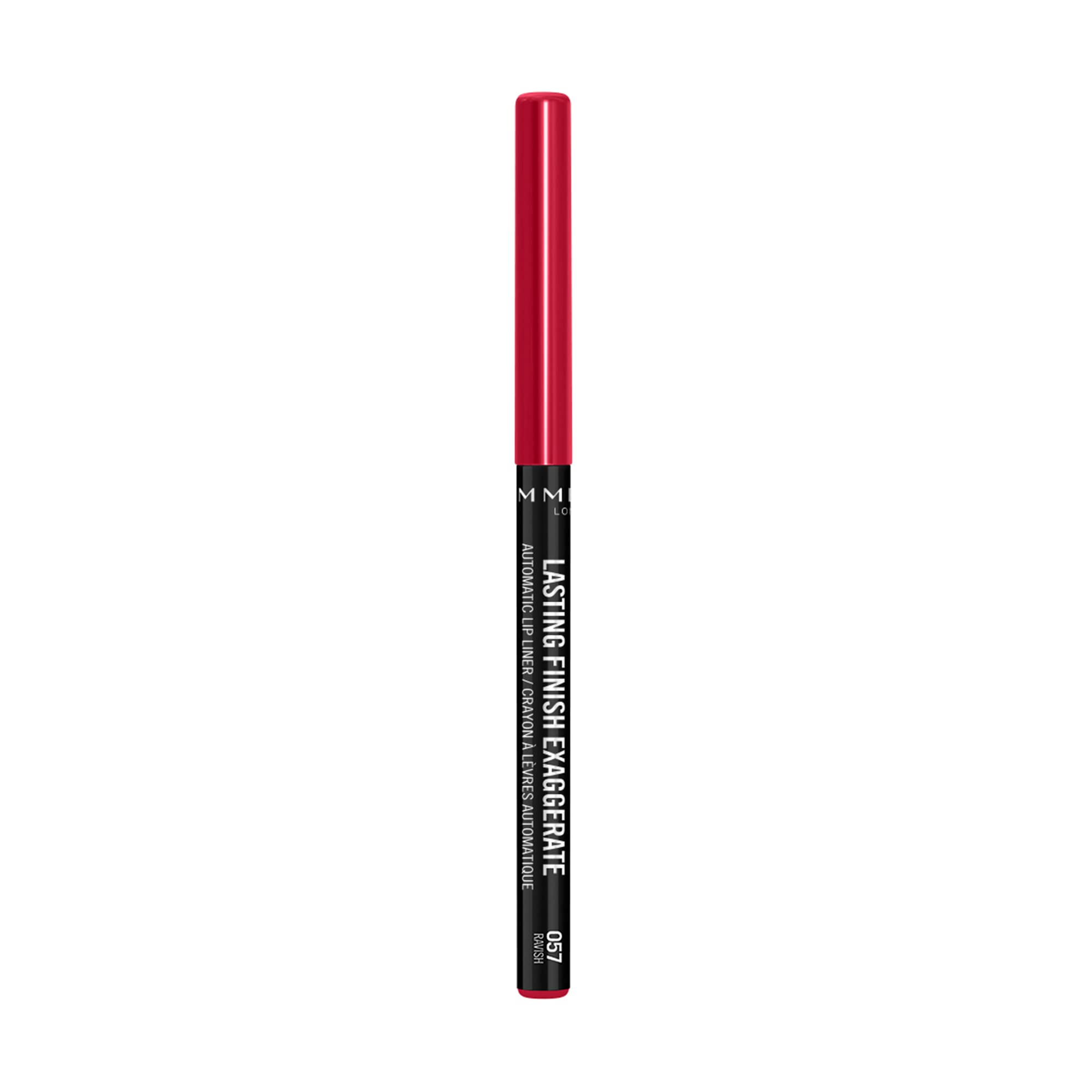 Rimmel Exaggerate automatic lip liner showing slanted-tip application for smooth, precise lip lining and long wear