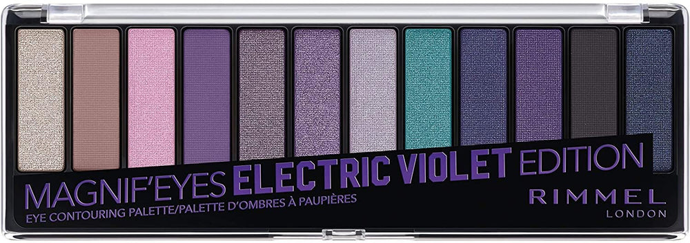 Rimmel Magnif’Eyes paleta 12 sombras Electric Violet, empaque compacto para viaje.