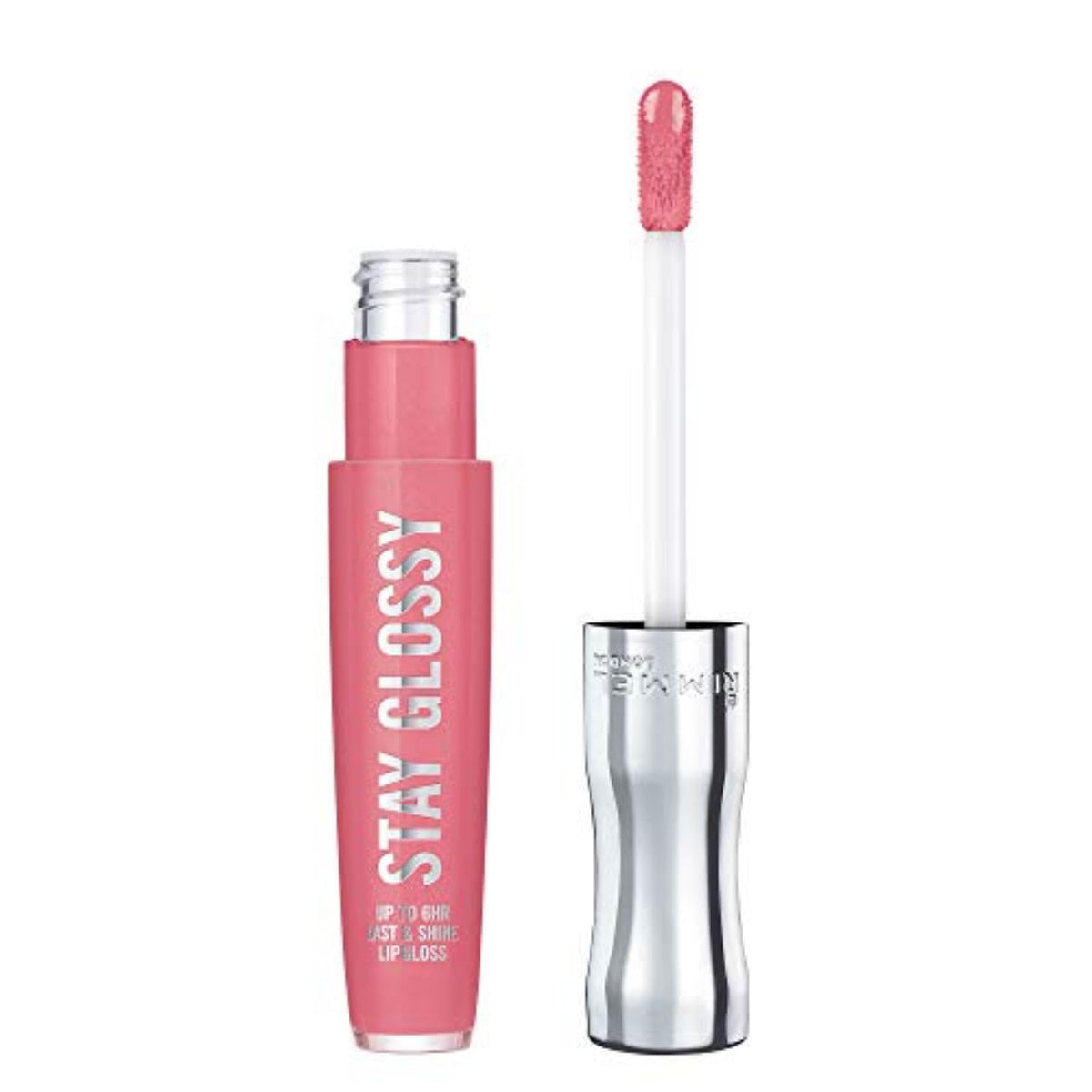 Rimmel Stay Glossy in Claridge's Ruby swatch showcases glossy color and vibrant shine.