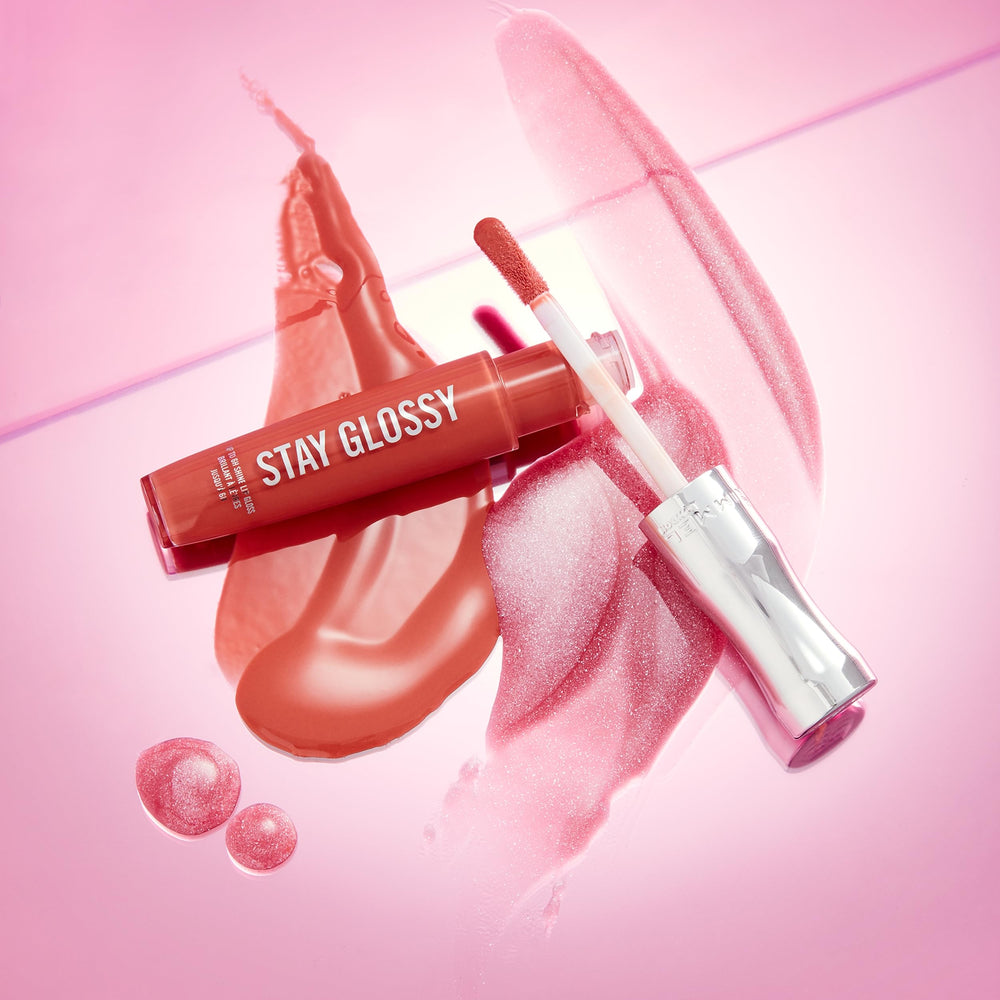 Rimmel Stay Glossy lip-gloss packaging highlights premium shine and easy reapplication.