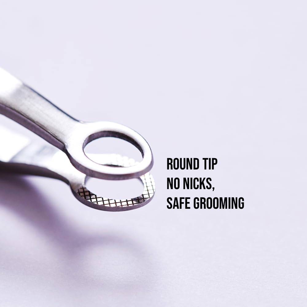 Rinocos round-tip tweezers in hand for controlled grooming and safety