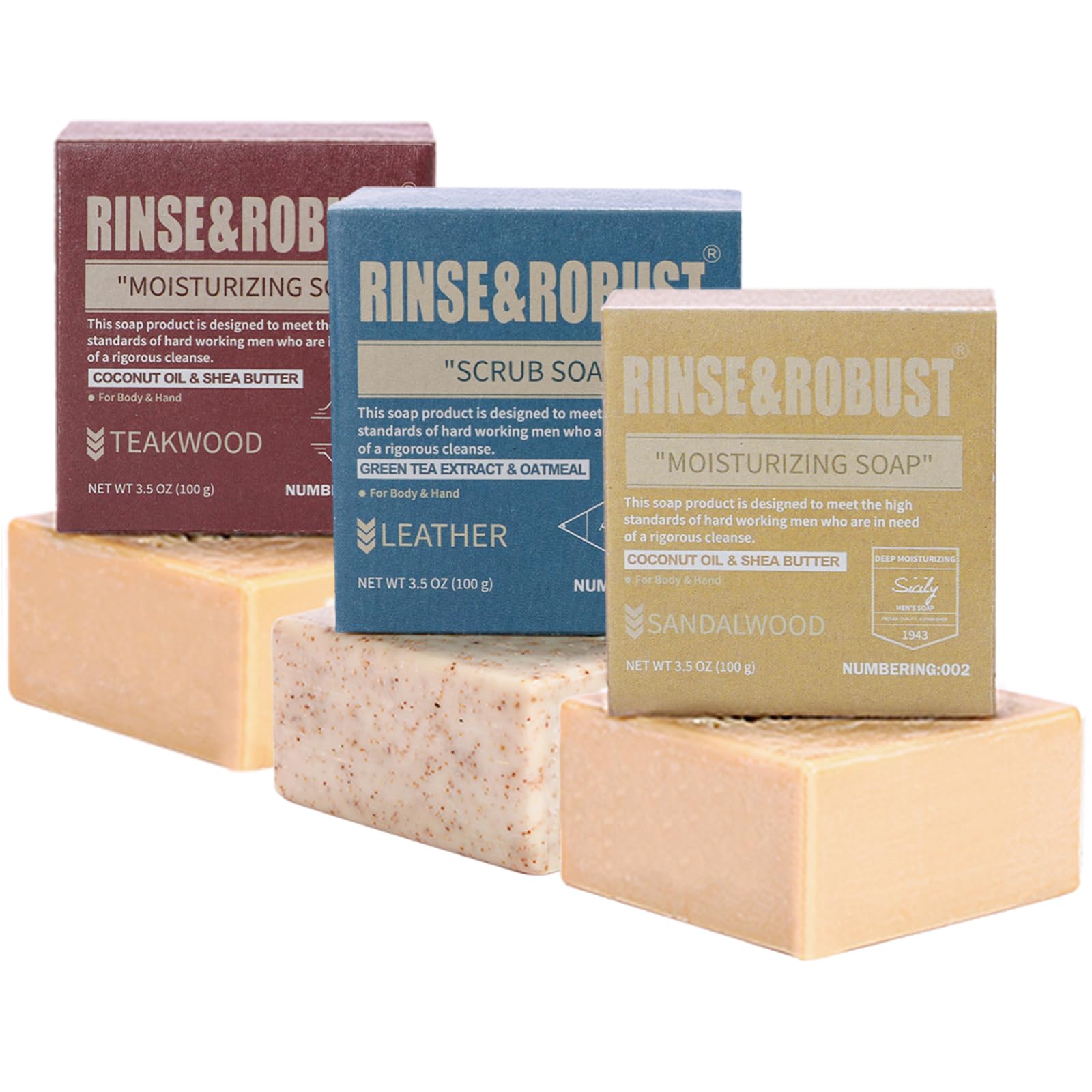 Rinse & Robust Leather bar soap shown with bold scent for deep cleansing.