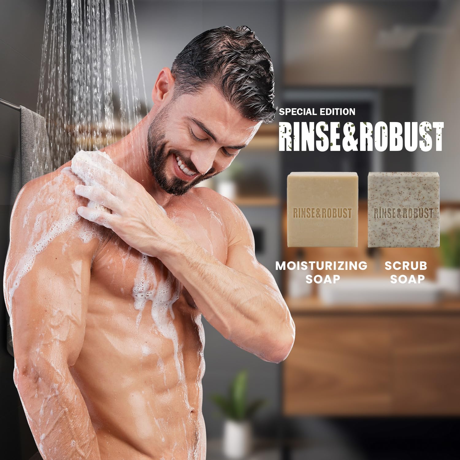 Rinse & Robust gift-set label signals premium men's soap collection.