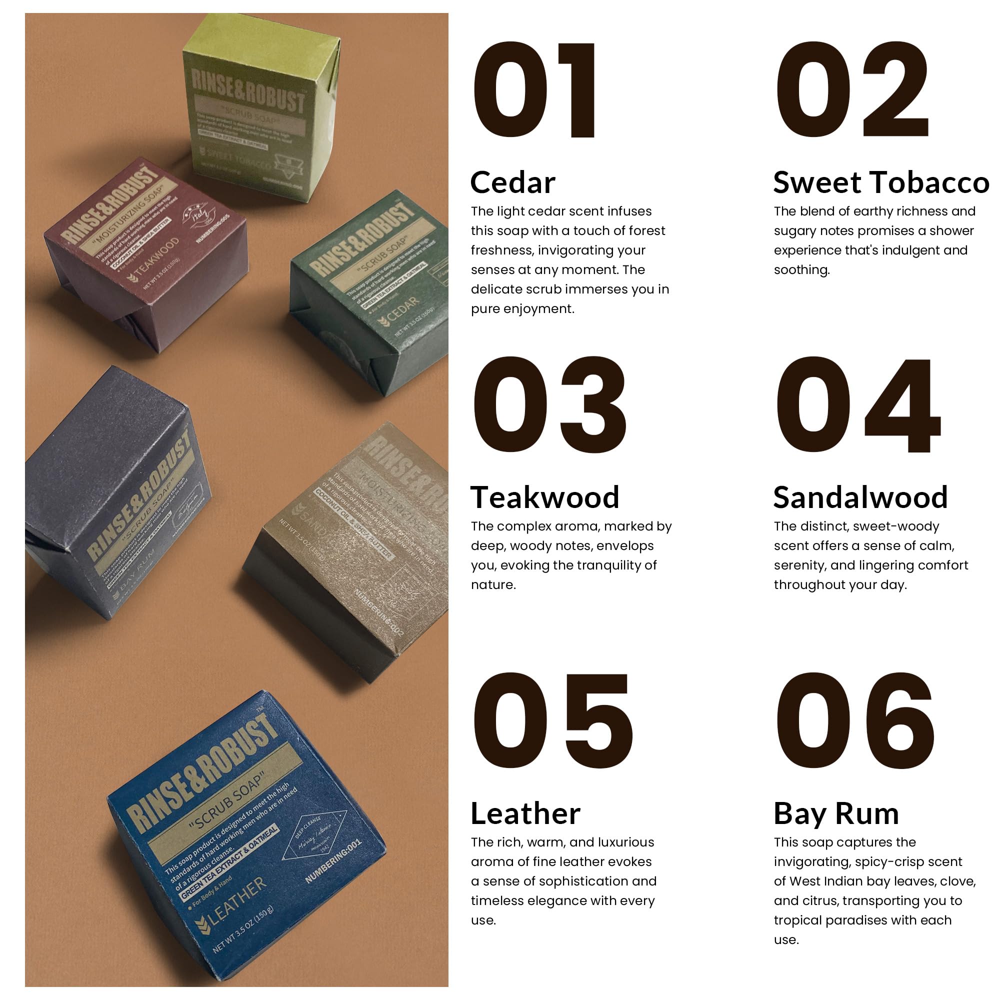 Rinse & Robust sandalwood bar provides warm aroma for daily grooming.