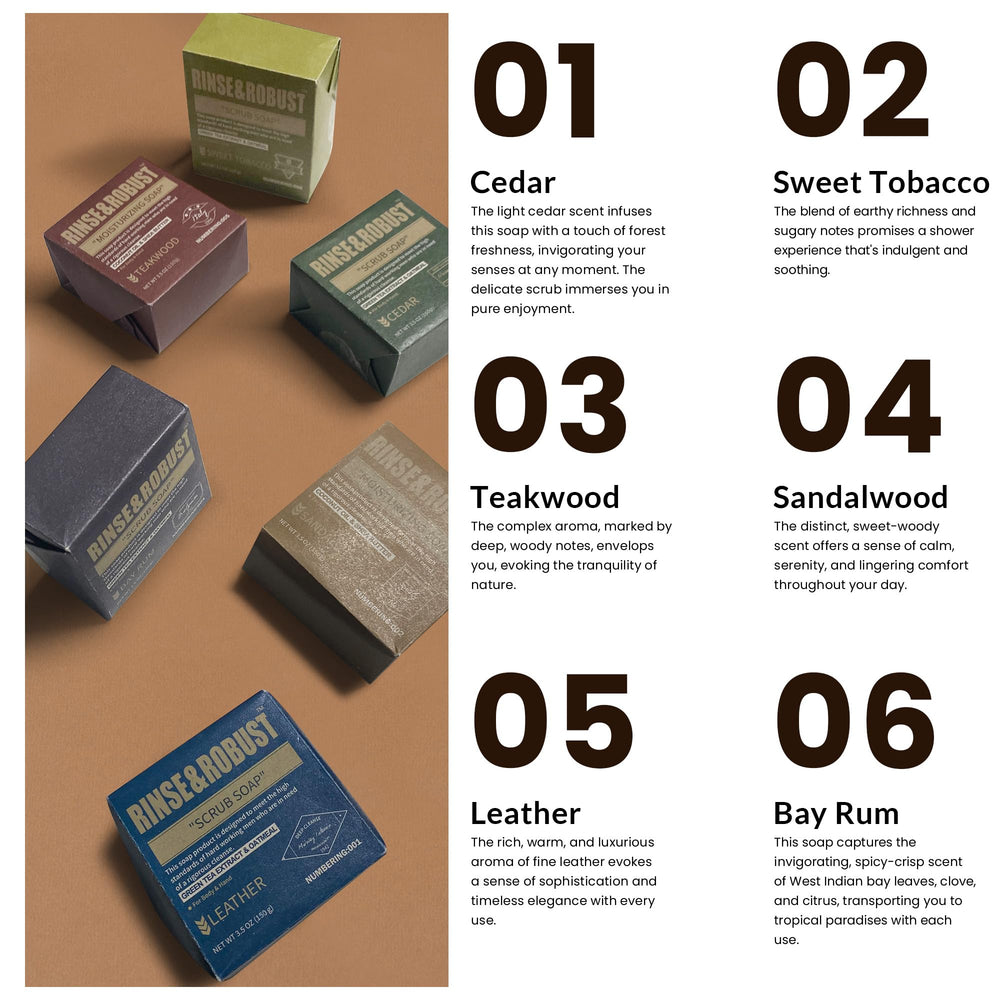 Rinse & Robust sandalwood bar provides warm aroma for daily grooming.