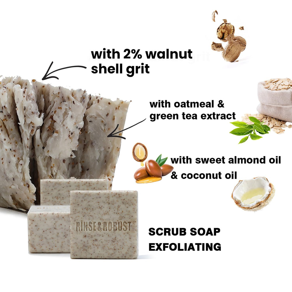 Rinse & Robust exfoliating walnut bar highlighting textured particles for gentle buffing.