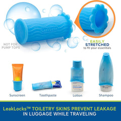 Rinseroo LeakLocks Skins on a bottle demonstrates travel leak protection.