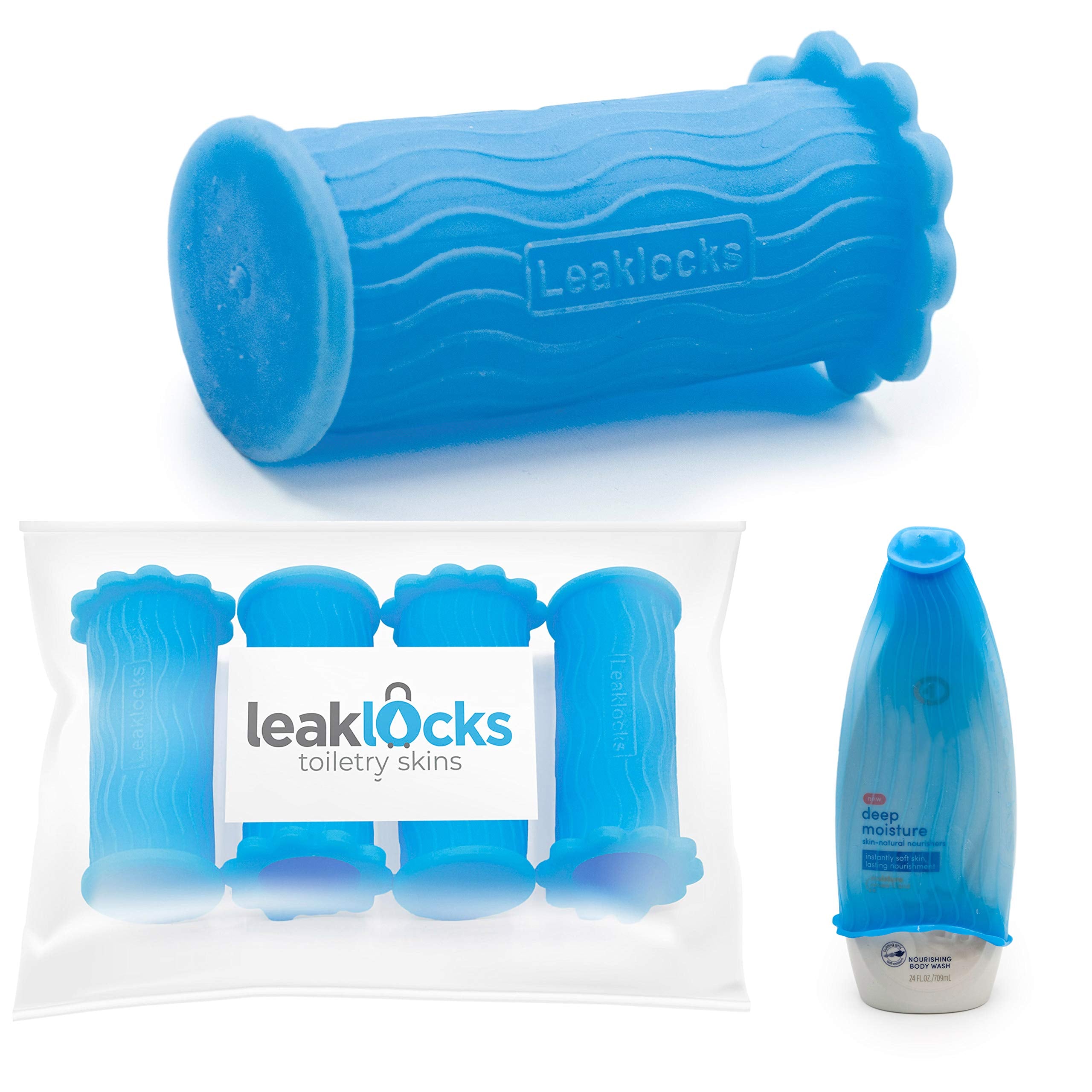Rinseroo LeakLocks Skins 4-pack front view showing leak-proof luggage protection.