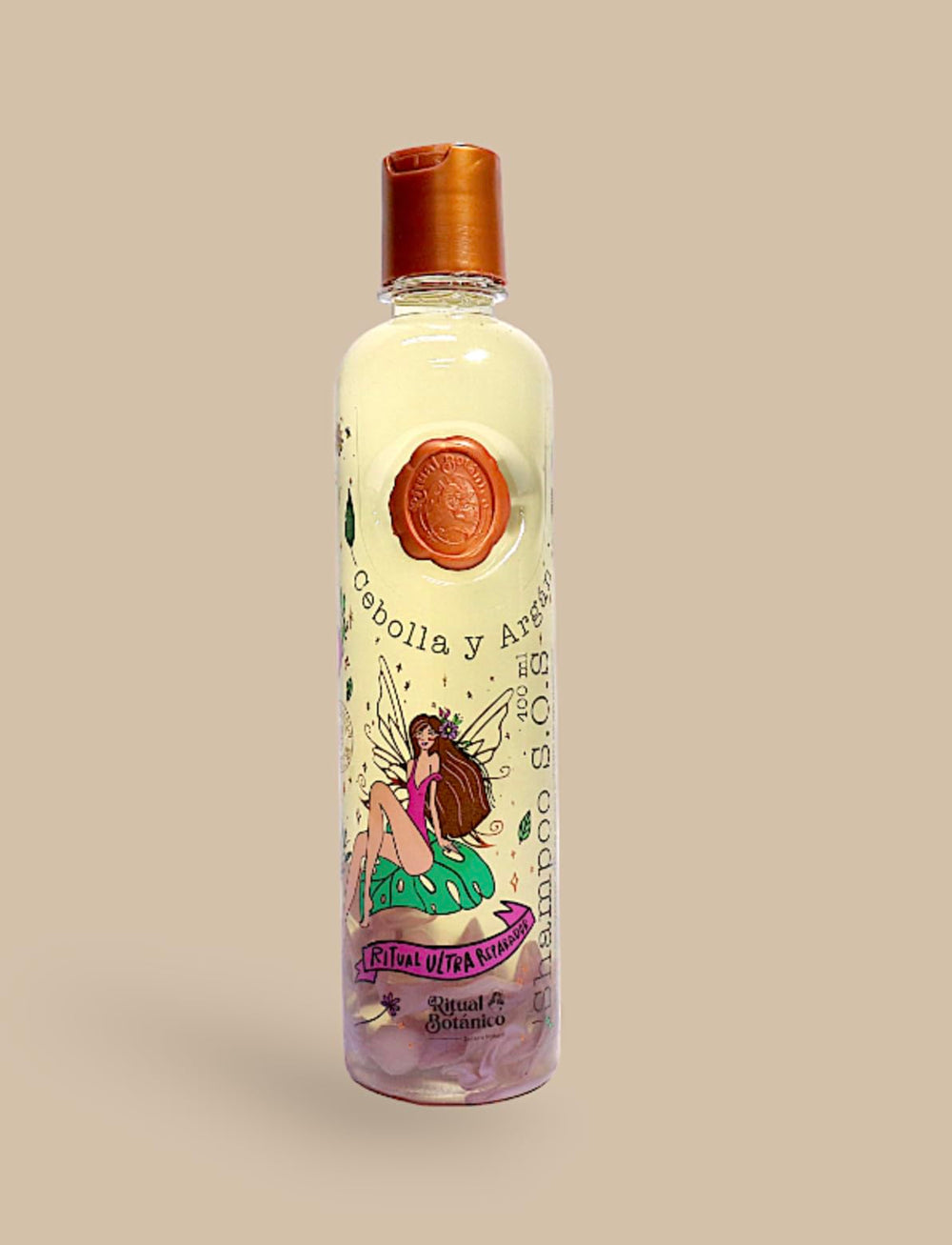 Ritual Botanico Shampoo Ultra Reparador ingredients showing argan, flaxseed, and chia for hydration.