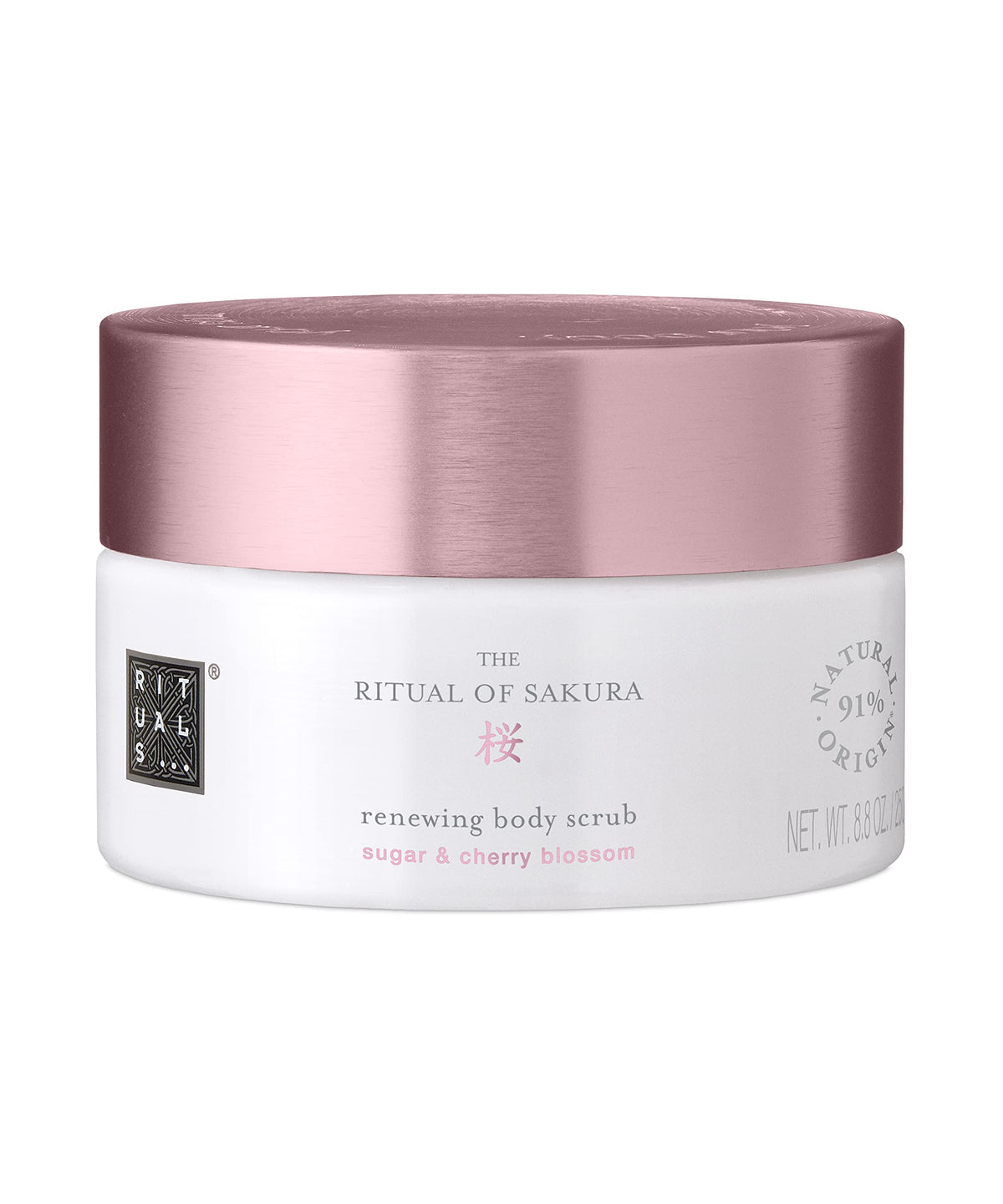 RITUALS Ritual of Sakura body scrub packaging highlights calming branding for daily rituals.