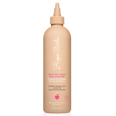 Rizos Curls apple cider vinegar rinse bottle closeup promotes gentle cleansing and shine.