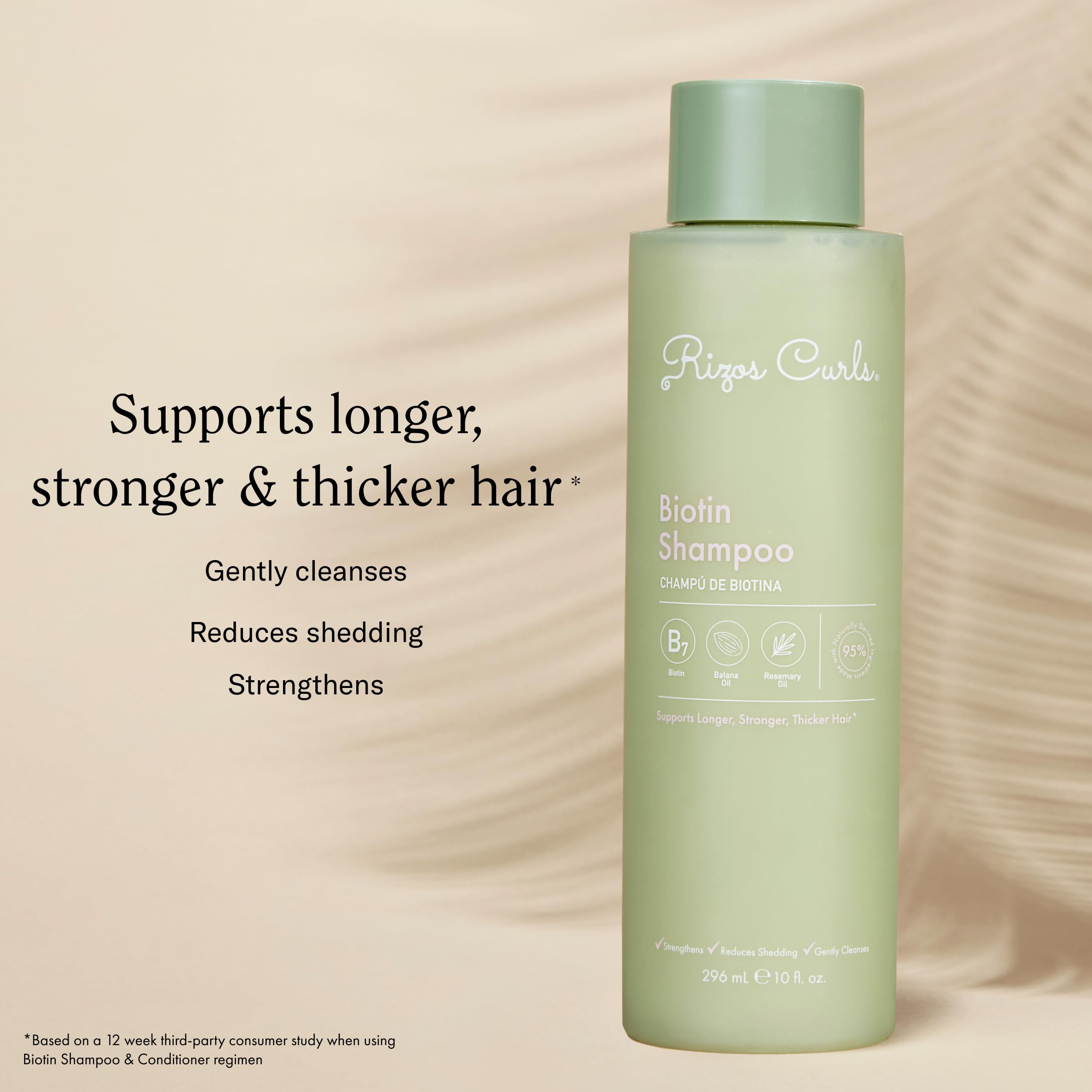 Rizos Curls Biotin Shampoo rosemary oil dropper close-up highlighting shine and softness