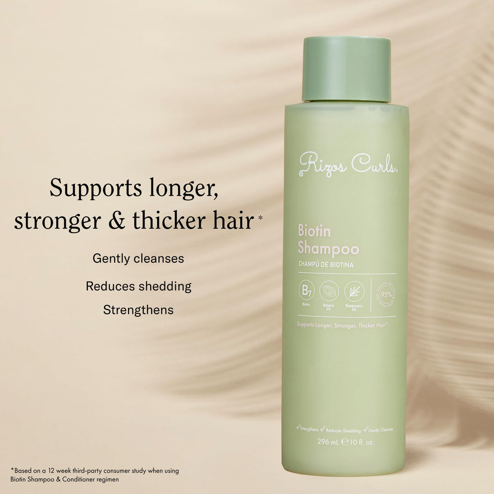 Rizos Curls Biotin Shampoo rosemary oil dropper close-up highlighting shine and softness