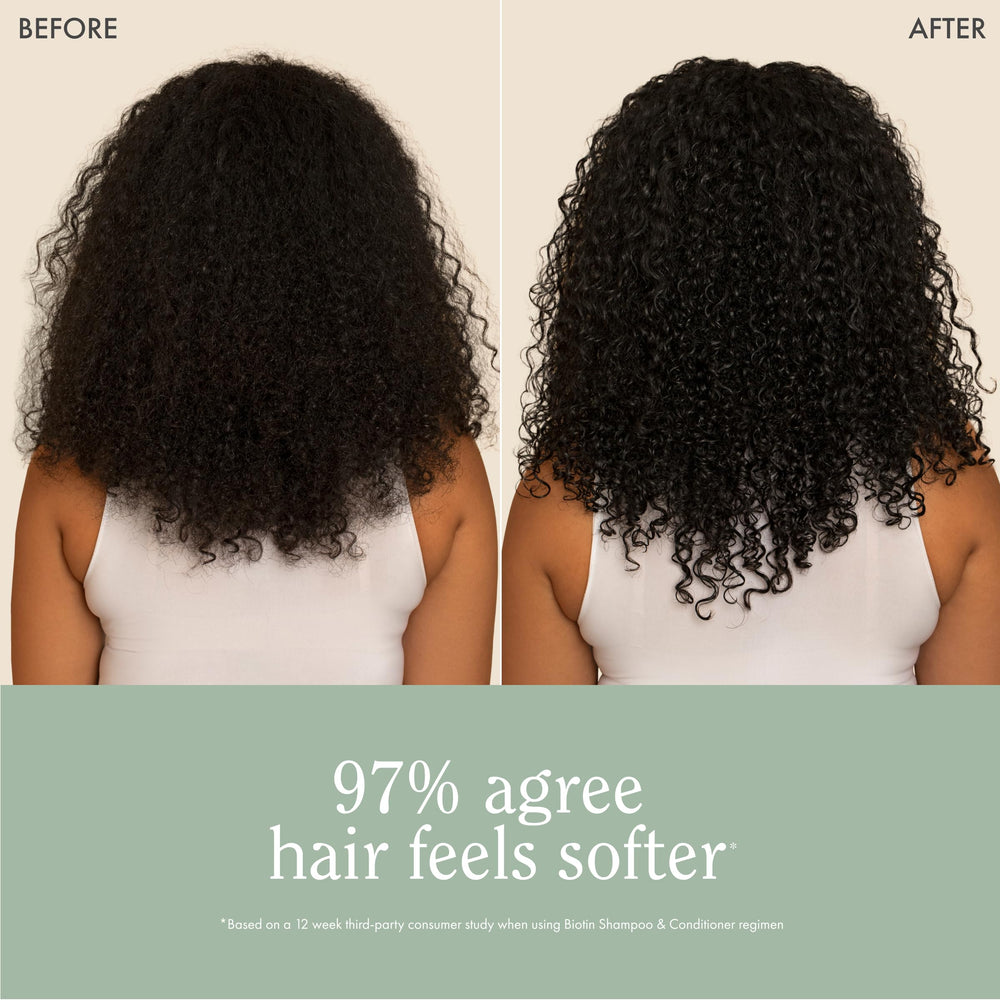 Rizos Curls Biotin Shampoo vegan cruelty-free label on bottle, clean beauty in use